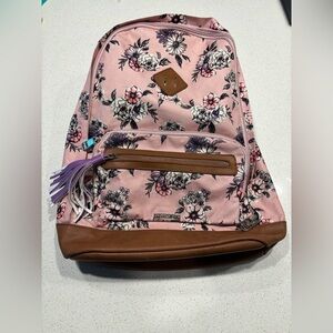 Madden Girl Pink Floral Backpack with Brown Trim